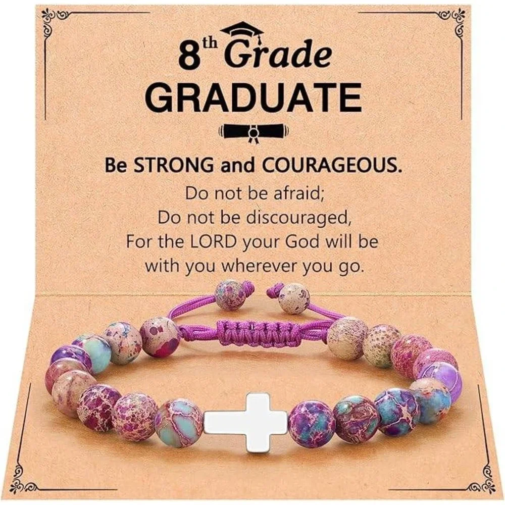 8th Grade Graduate Purple Beaded‎ Cross Bracelet Gift for Daughter Granddaughter